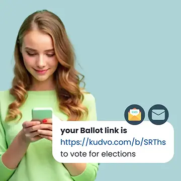 A person in a green shirt looks at a smartphone with a message: "your Ballot link is https://kudvo.com/b/SRThs to vote for elections" alongside SMS and email icons.