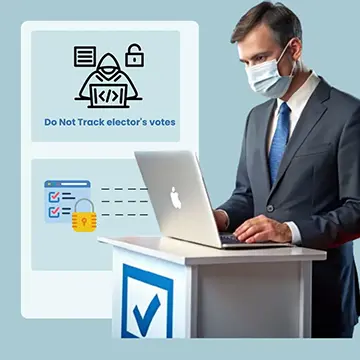 A man in a suit and face mask stands at a podium with a laptop, next to graphics emphasizing voter privacy and security.