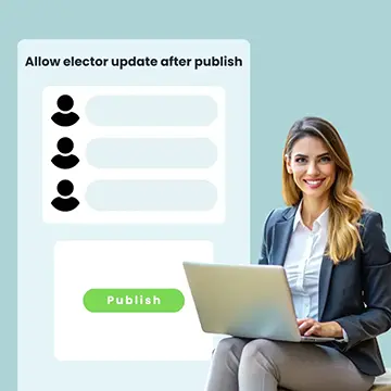 A woman in business attire smiles while holding a laptop. A shaded panel behind her displays options for allowing elector updates with a 'Publish' button below.