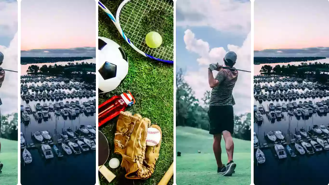 Collage of sports and leisure activities including golf, tennis, soccer, and a marina with boats, showcasing a vibrant club environment.