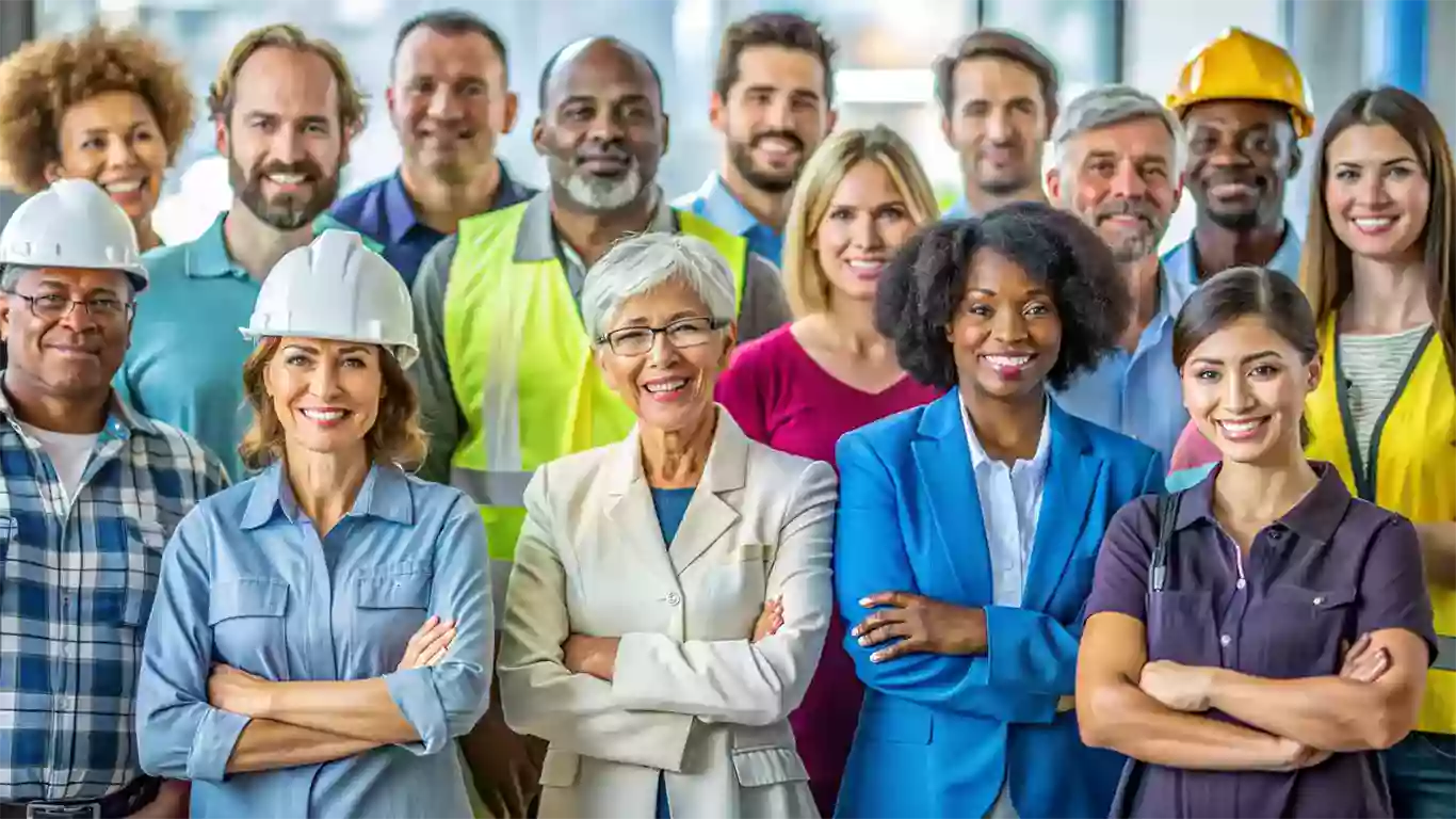 The image shows a diverse group of professionals smiling. They are dressed in different work clothes, including business suits and safety gear, indicating various professions.