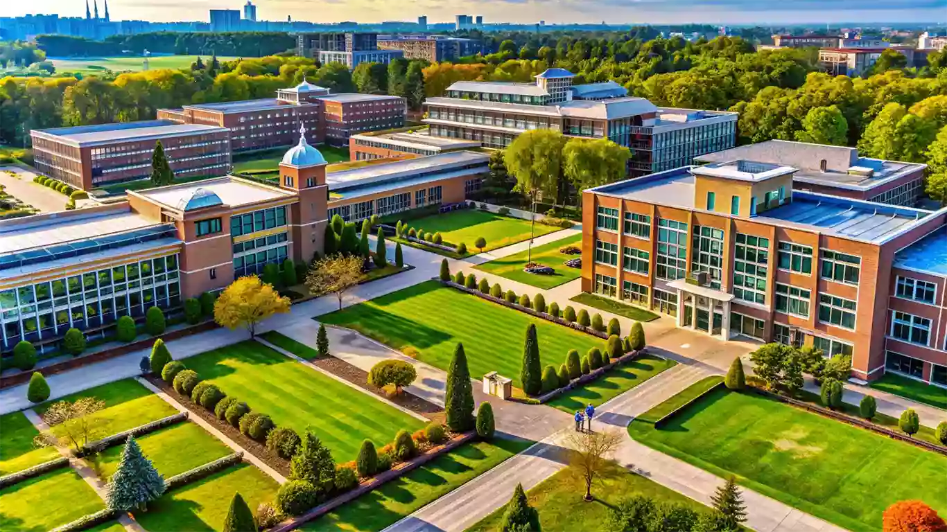 Aerial view of a modern university campus with multiple buildings, landscaped grounds, and walking paths.