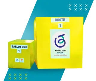 A yellow ballot booth and ballot box featuring the Kudvo logo